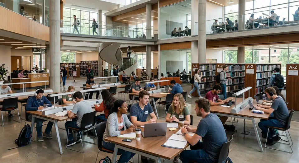 Modern academic library with students